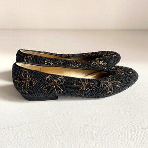Vintage Talbots Fully Beaded Black Gold Bow Accent  Ballet Flats 7